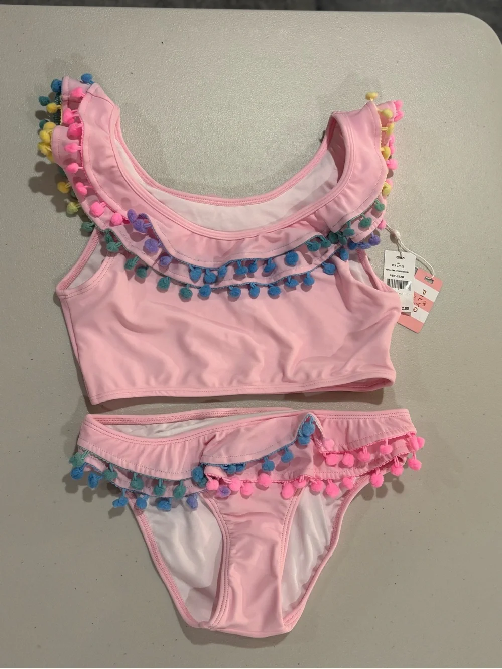 Pilyq Pink Two-Piece Swim Set with Multicolor Pom Trim